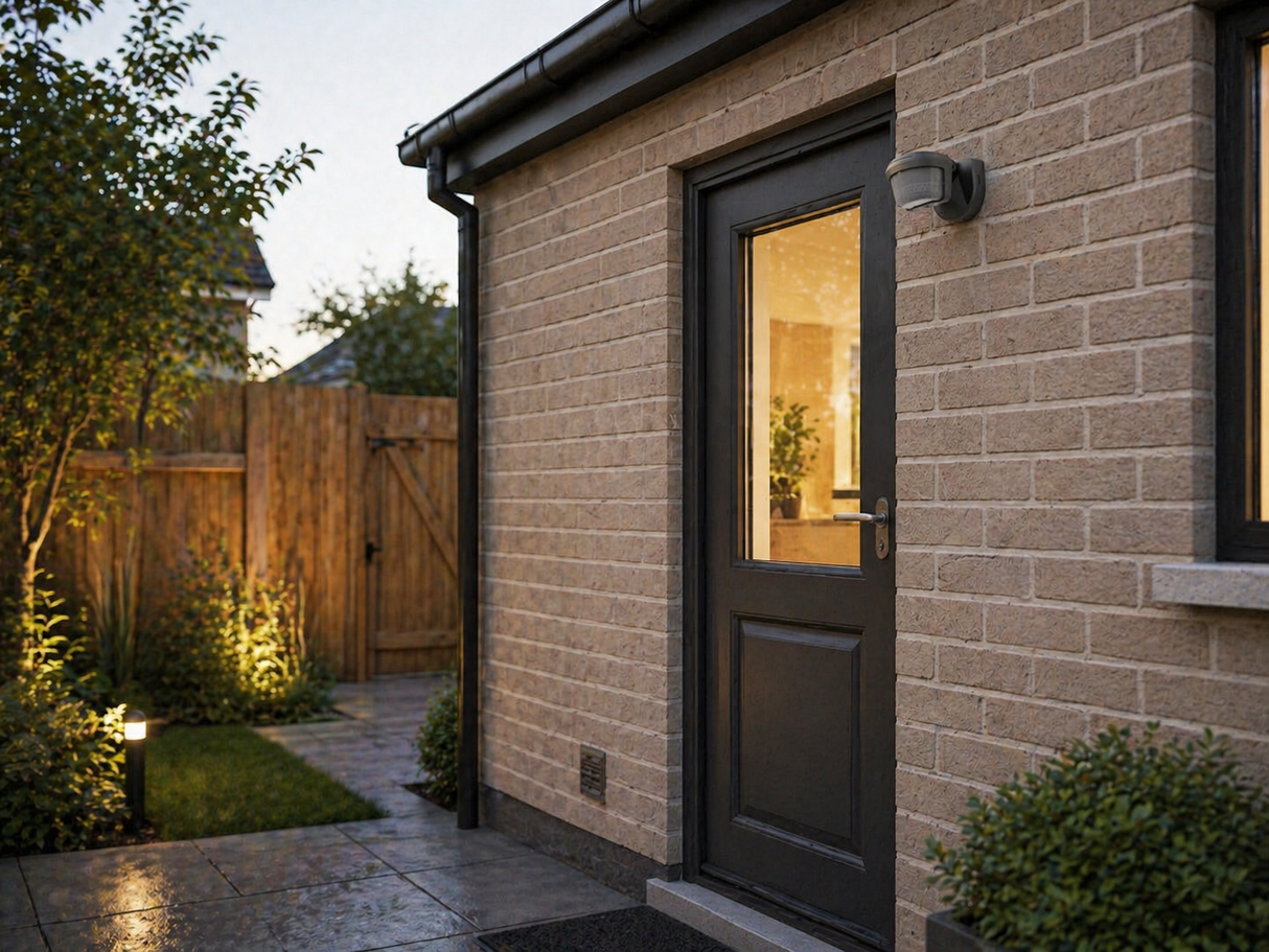 Modern house exterior with a dark door and brick wall, with black Timeguard SLB2301 photocell and PIR mounted next to the door