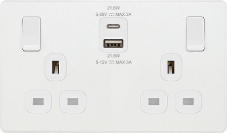 Image of PCDCL22UAC22W 13A 2 Gang Switched Socket with USB A + C 22W Pearlescent White from BG Electrical's Evolve range, available to buy from WED Online