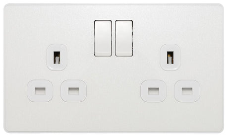 Image of a PCDCL22W Switched Socket 13A 2 Gang Pearlescent White from BG Electrical’s Evolve range, available from Wholesale Electrical Direct Online