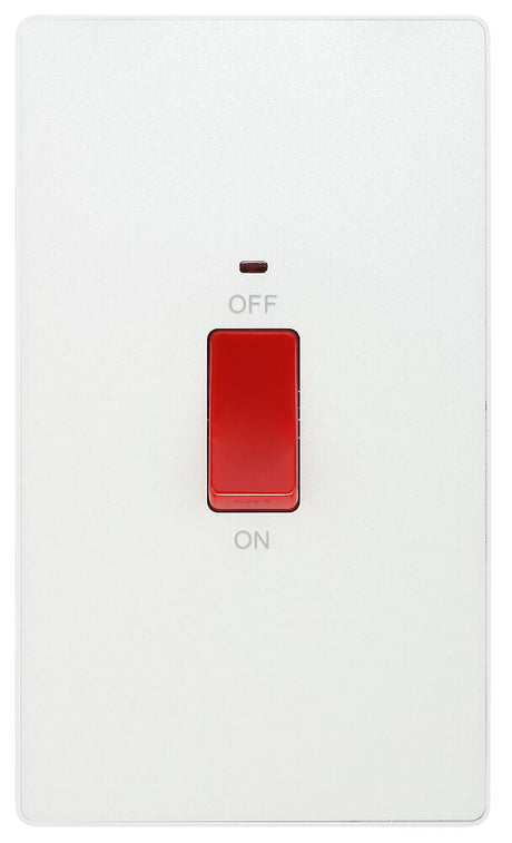 Image of a PCDCL72W Large Plate Double Pole Switch with LED Indicator 45A Pearlescent White from BG Electrical’s Evolve range, available from Wholesale Electrical Direct Online