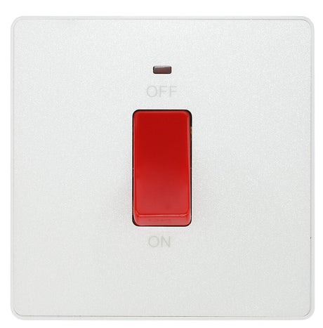 Image of a PCDCL74W 45A Square Plate Double Pole Switch With LED Indicator Pearlescent White from BG Electrical’s Evolve range, available from Wholesale Electrical Direct Online