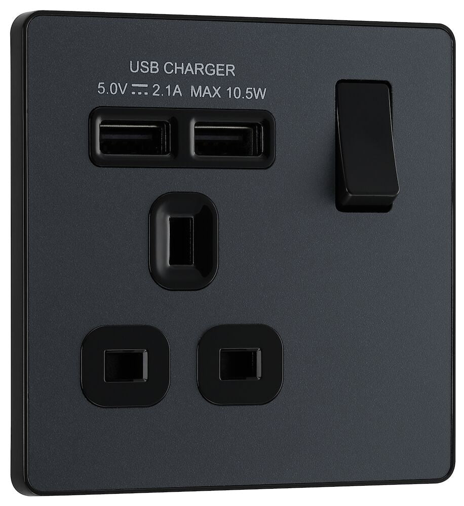 Image of a PCDMG21U2B 13A 1 Gang Switched Socket with 2 x USB A (2.1A) Matt Grey from BG Electrical, available from Wholesale Electrical Direct Online