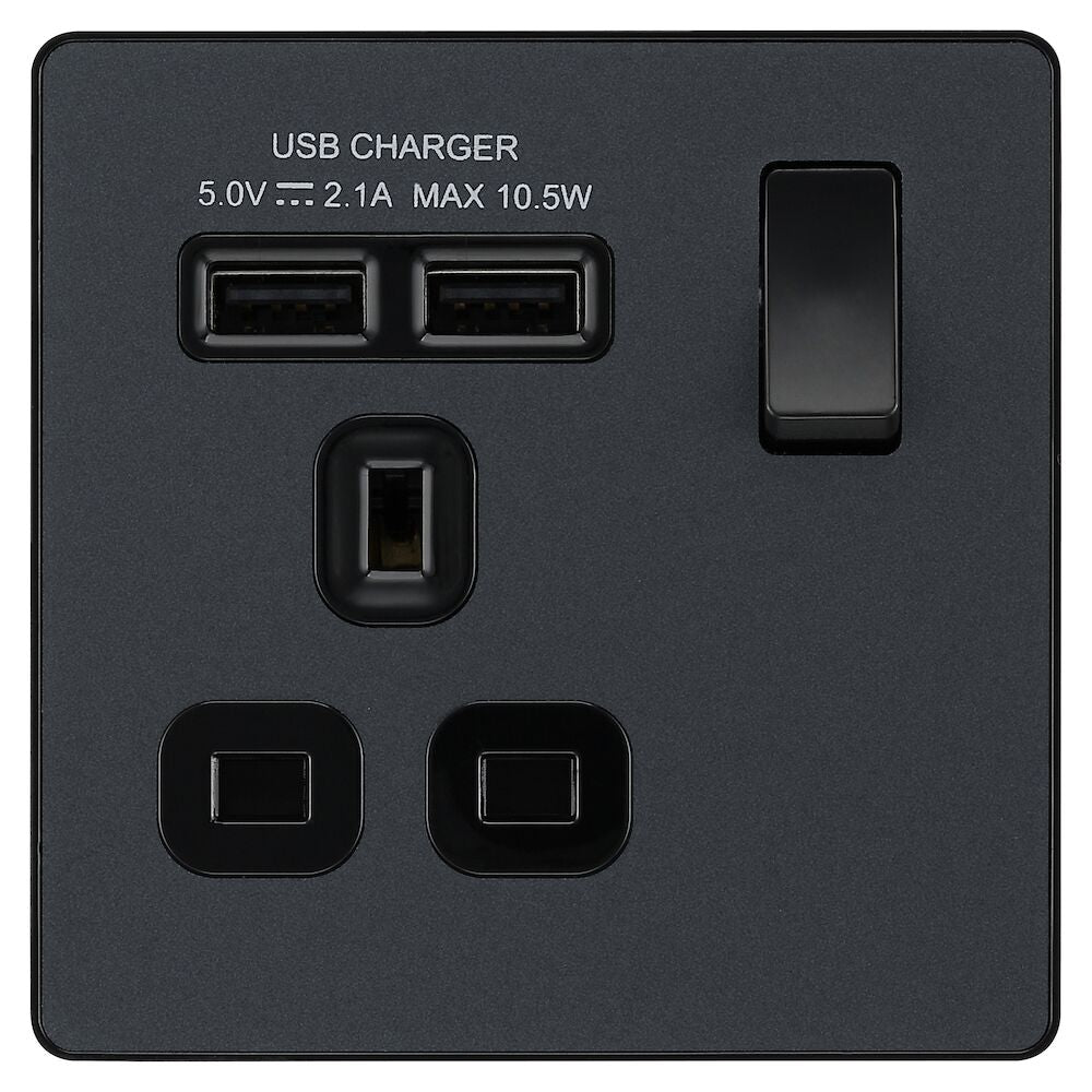 Image of a PCDMG21U2B 13A 1 Gang Switched Socket with 2 x USB A (2.1A) Matt Grey from BG Electrical, available from Wholesale Electrical Direct Online