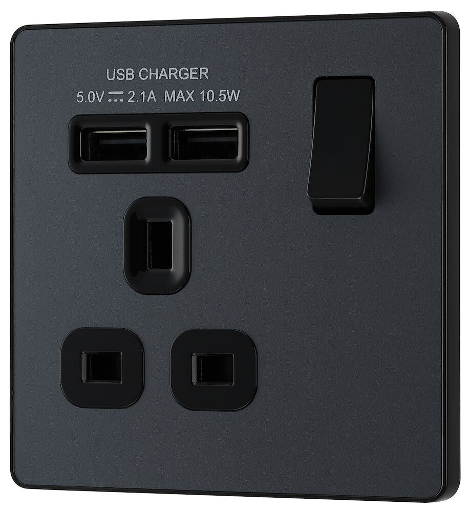 Image of a PCDMG21U2B 13A 1 Gang Switched Socket with 2 x USB A (2.1A) Matt Grey from BG Electrical, available from Wholesale Electrical Direct Online
