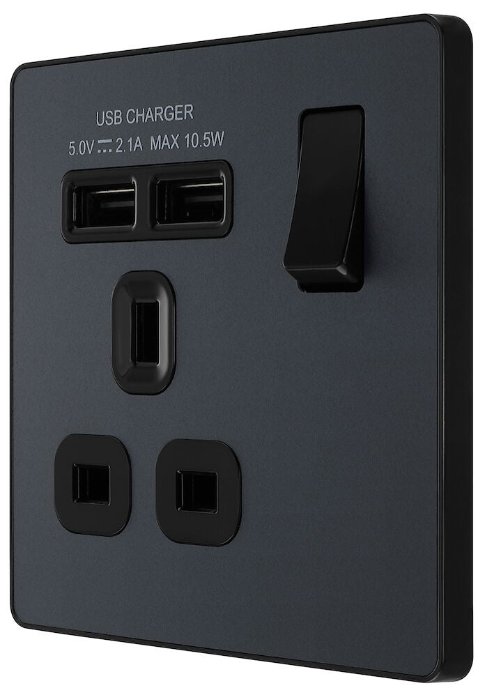 Image of a PCDMG21U2B 13A 1 Gang Switched Socket with 2 x USB A (2.1A) Matt Grey from BG Electrical, available from Wholesale Electrical Direct Online