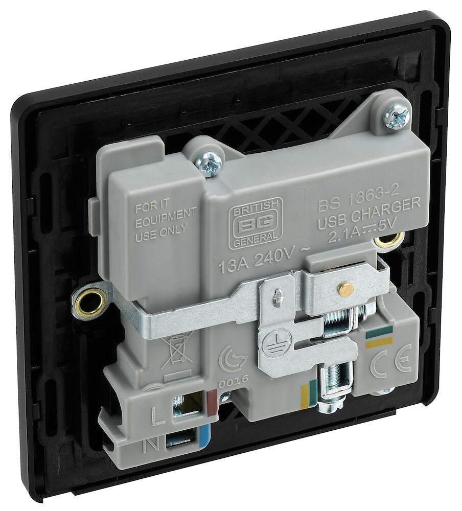 Image of a PCDMG21U2B 13A 1 Gang Switched Socket with 2 x USB A (2.1A) Matt Grey from BG Electrical, available from Wholesale Electrical Direct Online