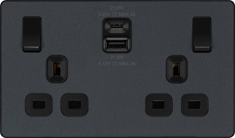 Image of a PCDMG22UAC22B 13A 2 Gang Switched Socket with USB A + C 22W Matt Grey from BG Electrical's Evolve range, available to buy from WED Online
