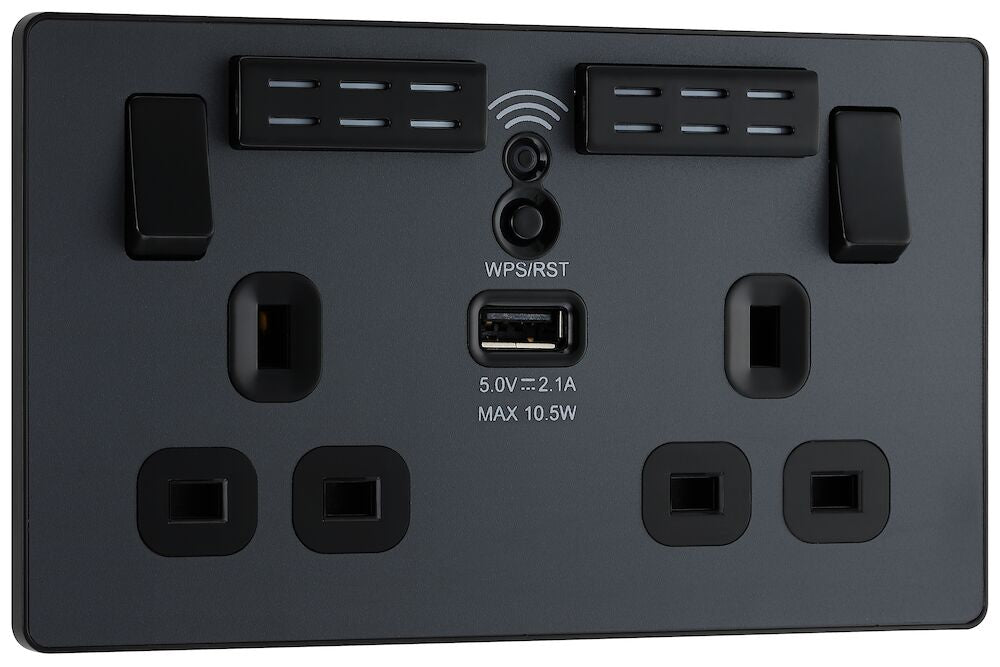 Image of a PCDMG22UWRB Switched Socket 13A 2 Gang with Wi-Fi Extender Matt Grey from BG Electrical, available from Wholesale Electrical Direct Online