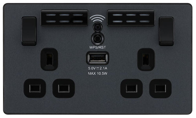 Image of a PCDMG22UWRB Switched Socket 13A 2 Gang with Wi-Fi Extender Matt Grey from BG Electrical, available from Wholesale Electrical Direct Online