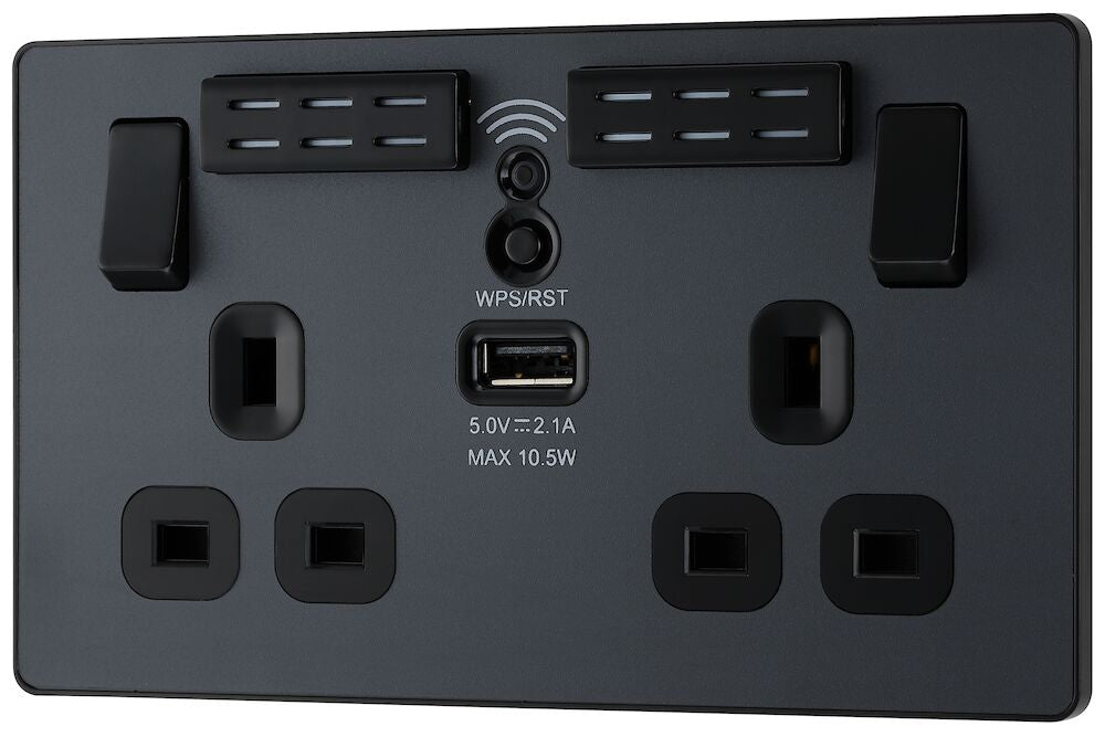 Image of a PCDMG22UWRB Switched Socket 13A 2 Gang with Wi-Fi Extender Matt Grey from BG Electrical, available from Wholesale Electrical Direct Online