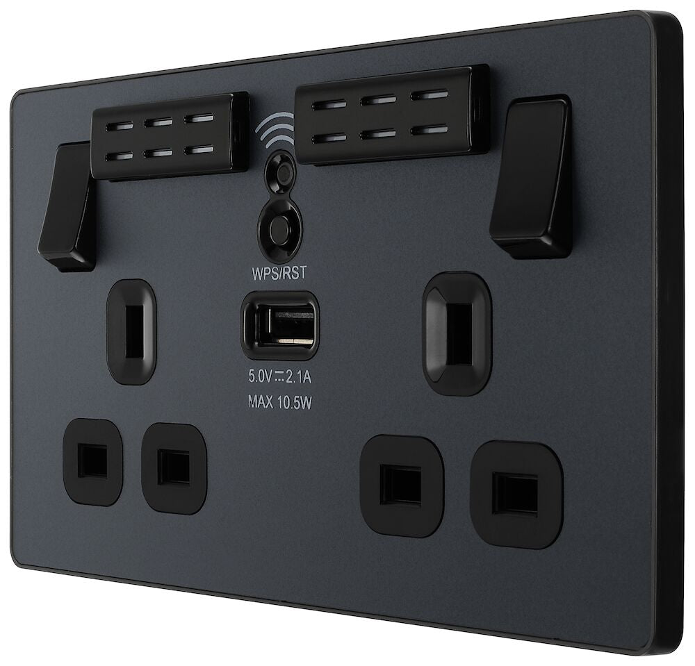 Image of a PCDMG22UWRB Switched Socket 13A 2 Gang with Wi-Fi Extender Matt Grey from BG Electrical, available from Wholesale Electrical Direct Online