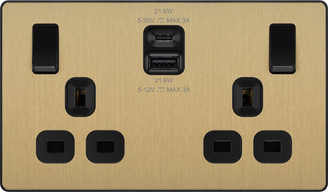 Image of a PCDSB22UAC22B 13A 2 Gang Switched Socket with USB A + C 22W Satin Brass from BG Electrical's Evolve range, available from WED Online