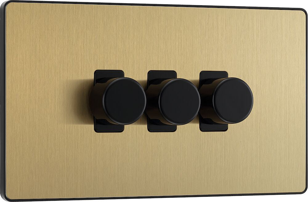 Image of a PCDSB83B Evolve Dimmer 200W 3 Gang Satin Brass from BG Electrical, available at Wholesale Electrical Direct Online