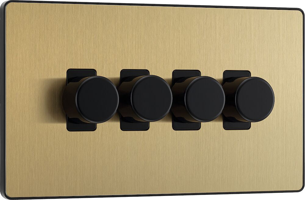 Image of a PCDSB84B Dimmer 200W 4 Gang Satin Brass from BG Electrical, available from Wholesale Electrical Direct Online