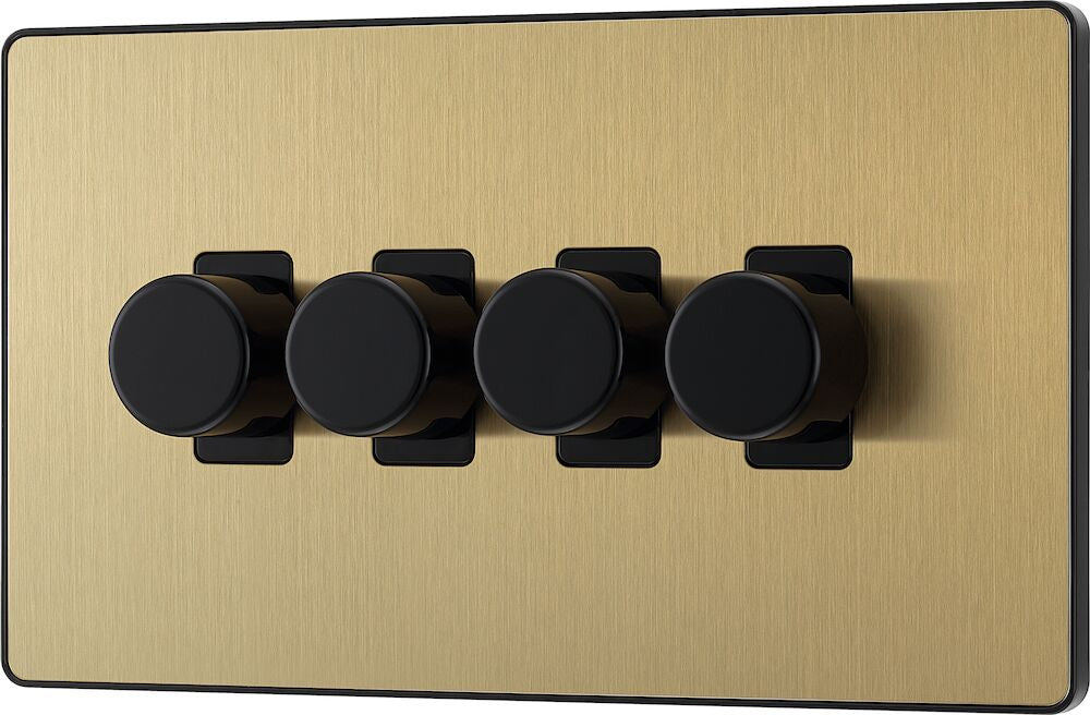 Image of a PCDSB84B Dimmer 200W 4 Gang Satin Brass from BG Electrical, available from Wholesale Electrical Direct Online