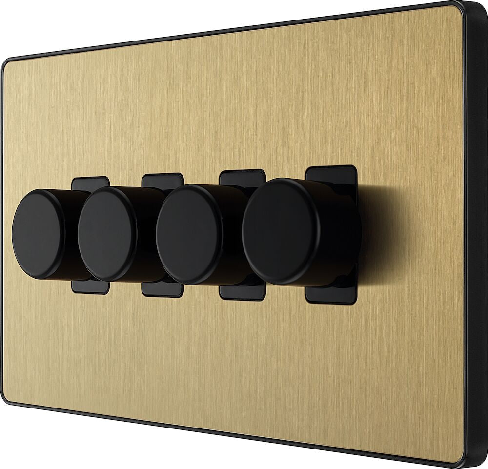 Image of a PCDSB84B Dimmer 200W 4 Gang Satin Brass from BG Electrical, available from Wholesale Electrical Direct Online