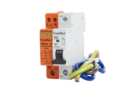 Image of a SPDCUKITT2 T2 SPD DEVICE (18mm) WITH 32A MCB AND CABLES from FuseBox, available at WED Online