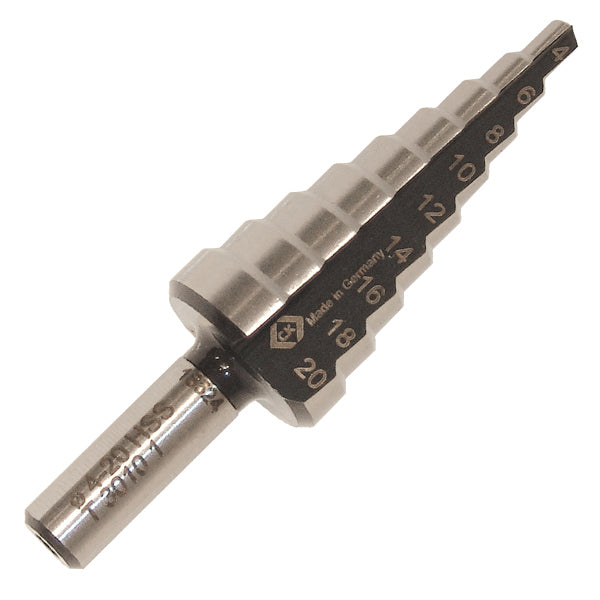 Silver T3010 1 multi step drill bit branded C.K Tools, on a white background