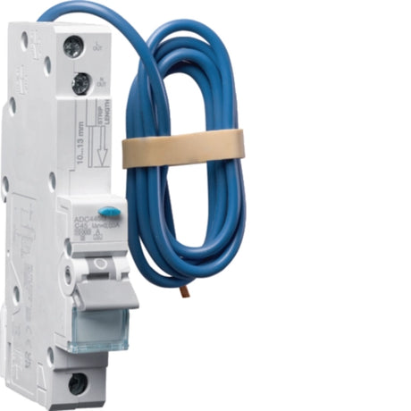Electrical circuit breaker with blue cable on a white background Hager AD445U