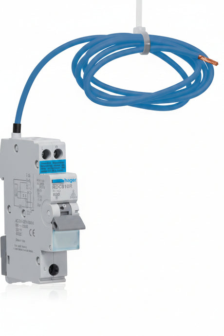Electrical circuit breaker with blue cable on a white background Hager ADC910R