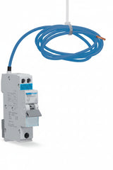 Electrical circuit breaker with blue cable on a white background Hager ADC916R
