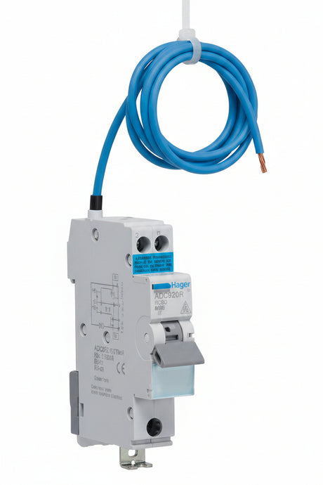Electrical circuit breaker with blue cable on a white background Hager ADC920R