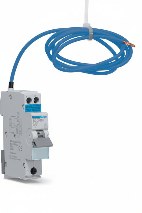 Electrical circuit breaker with blue cable on a white background Hager ADC925R