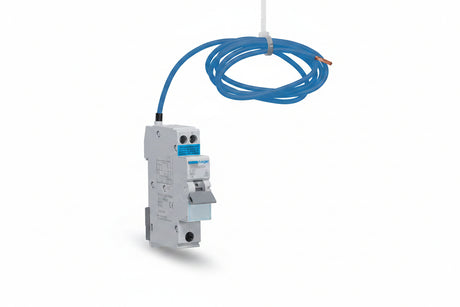 Electrical circuit breaker with blue cable on a white background Hager ADC932R