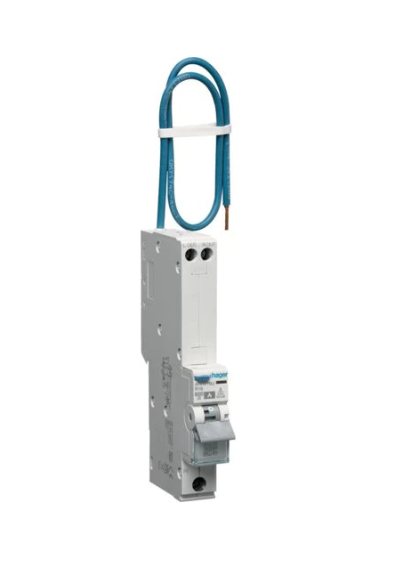 Electrical arc fault detection device (AFDD) with blue cable on a white background Hager ARM932U