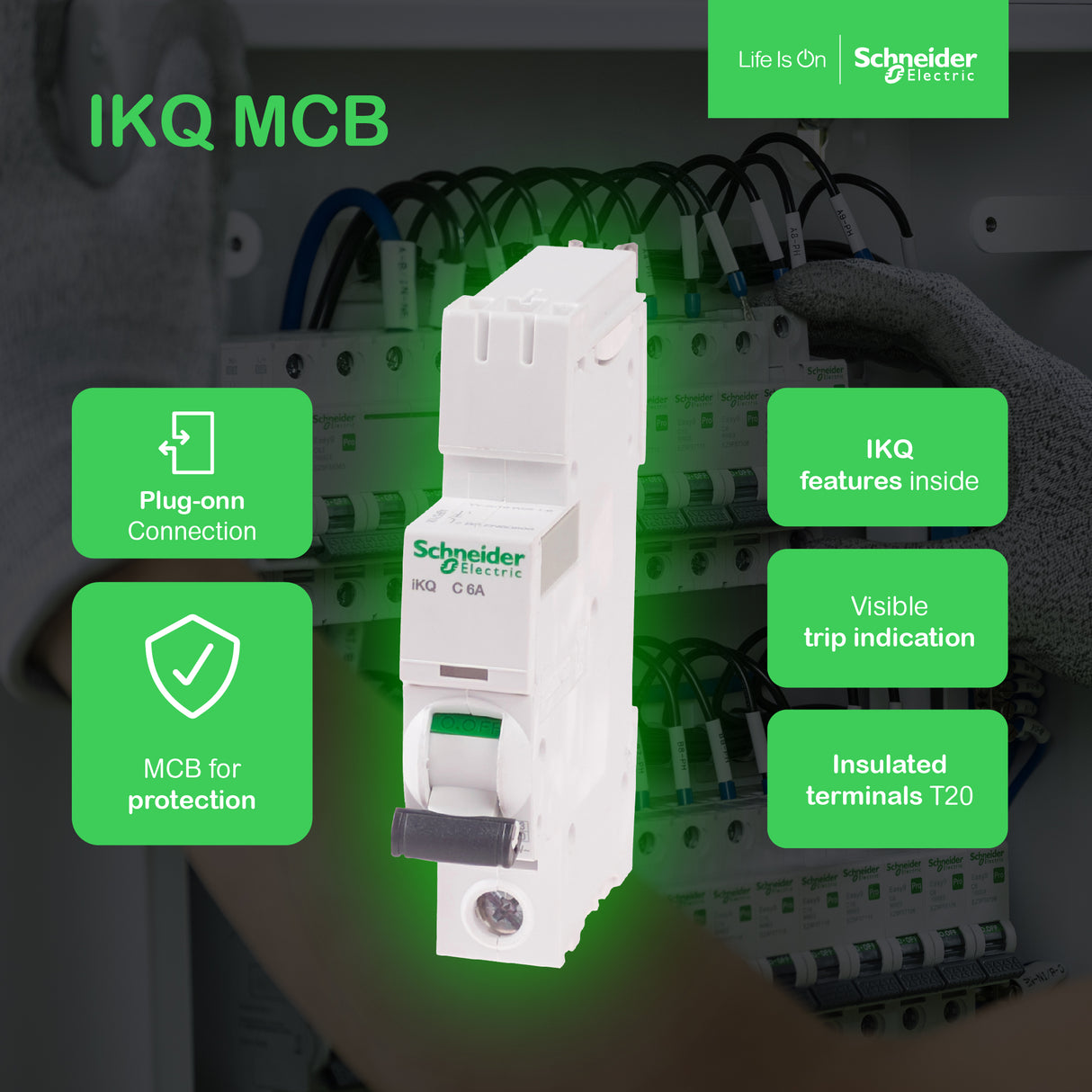 Infographic showing features of Schneider Electric's iKQ range of MCBs