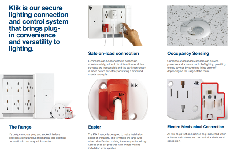 Marketing poster for Klik, a secure lighting connection system with various product images and text.