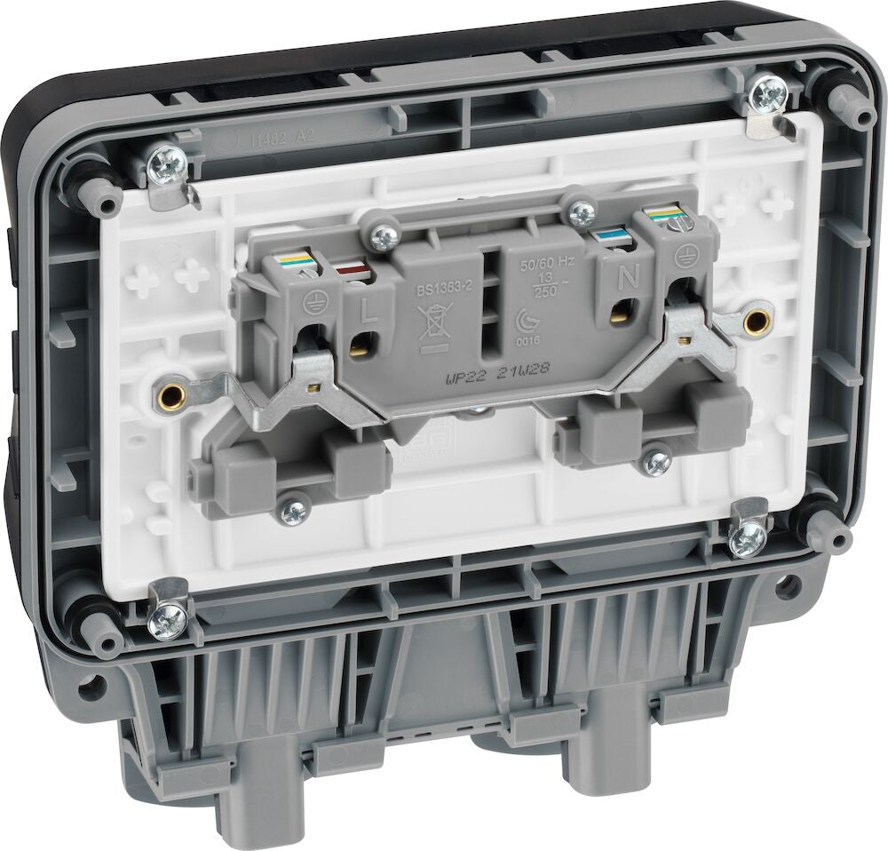 Image of the inside of a BG Electrical WP22 Nexus Storm, 13A Double Switched Socket, IP66 available from Wholesale Electrical Direct