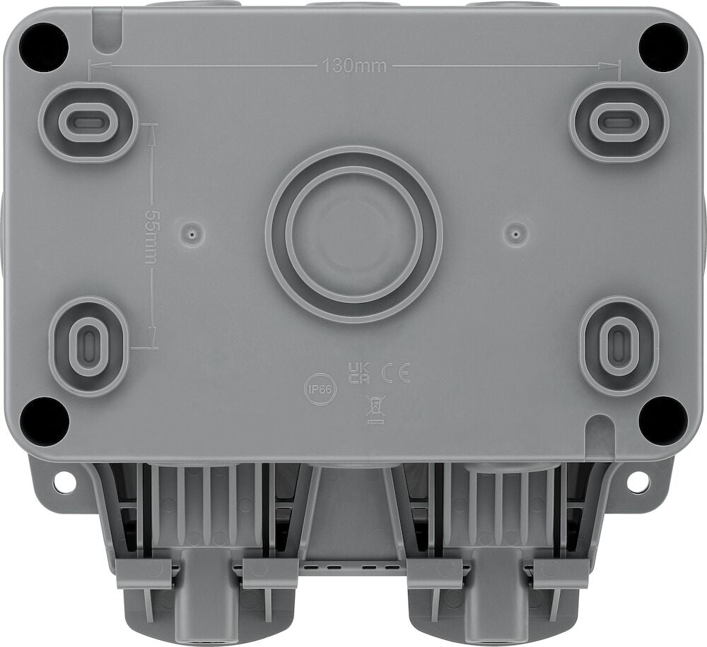 Image of reverse of a BG Electrical WP22 Nexus Storm, 13A Double Switched Socket, IP66 with dimensions, available from Wholesale Electrical Direct