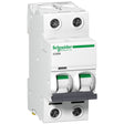 A Schneider Electric A9F44210 Acti9 iC60N 10A two-pole miniature circuit breaker with a C curve tripping characteristic. The device is white with green accents and has the brand name visible.