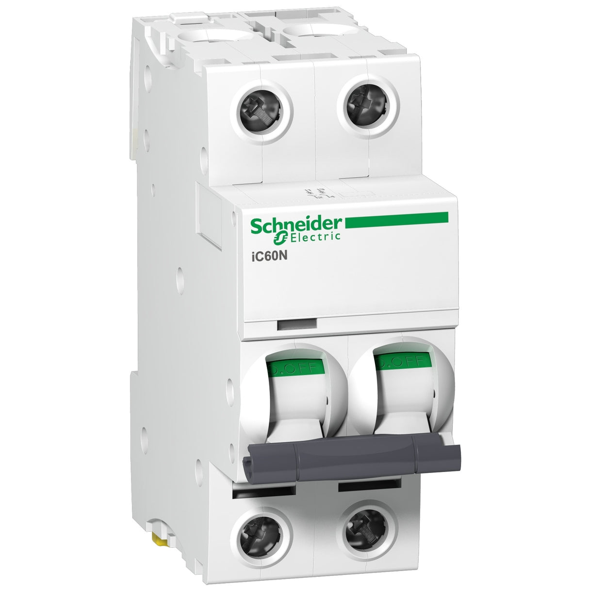 A Schneider Electric A9F44210 Acti9 iC60N 10A two-pole miniature circuit breaker with a C curve tripping characteristic. The device is white with green accents and has the brand name visible.