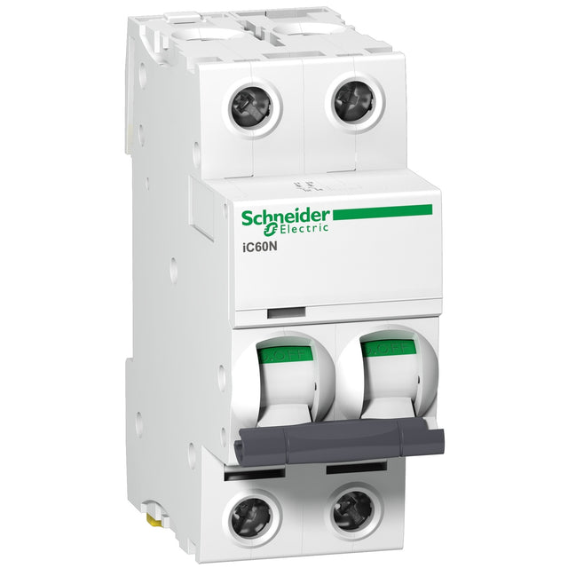 A Schneider Electric A9F44210 Acti9 iC60N 10A two-pole miniature circuit breaker with a C curve tripping characteristic. The device is white with green accents and has the brand name visible.